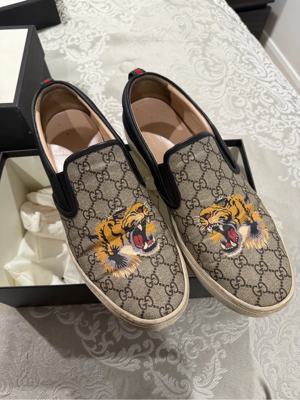 Gucci Brown GG Supreme Slip-On Sneakers with Embroidered Tiger